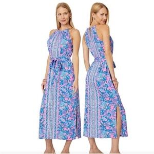 Lilly Pulitzer Bingham Chain Halter Midi Dress Soleil Pink Palm Paradise Size XS